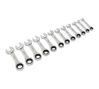 12pc STUBBY Short Ratchet Combination Spanner Set 12 Point Metric Ring Open Head