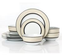 Waterside 12pc Cream Band Porcelain Dinner Set; 4 Dinner Plates, Side Plates and Deep Bowls