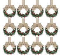 12pcs 10cm Small Wreaths for Kitchen Cabinets, Christmas Wreath with Bows, Artificial Greenery Christmas Wreaths for Xmas Window Wall Front Door Decor, Baubles & Lantern (B)