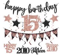 12PCS 15th Birthday Decorations for Girls, Rose Gold Vintage 2010 Happy 15th Birthday Banner Triangle Flag Banner Glitter Hanging Swirls Party Supplies, Sweet Fifteen Years Old Bday Decor