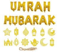 12PCS 16" Gold Foil Umrah Mubarak Balloons with 12 Pendants, Umrah Mubarak Decoration, Eid Mubarak, Ramadan DGold Foil Letter Balloons for Ramadan Muslim Eid Umrah Mubarak Decorations Party Supplies