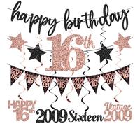 12PCS 16th Birthday Decorations for Girls, Rose Gold Vintage 2009 Happy 16th Birthday Banner Triangle Flag Banner Glitter Hanging Swirls Party Supplies, Cheers to 16 Years Old Bday Decor