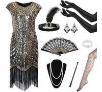 12Pcs 1920s Flapper Great Gatsby Accessories Set,Roaring 20's Theme Set with Sequin Fringed Dress Headband Gloves Necklace Handheld Prop,1920s Flapper Costume Vintage Accessories for Women Ladies