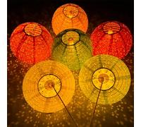 12Pcs 20cm Chinese Paper Lantern with LED Lights Hollow Out Hanging Asia Japanese Paper Lamps with Tassel and Walking Stick, Lanterns for Chinese New Year Lanterns Decorations(Round)