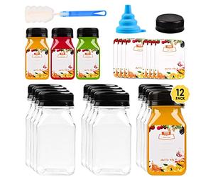 12pcs 4oz Mini Plastic Juice Bottles with Caps for Juicing & Smoothies, Reusable Empty Clear Bottles with Label, Funnel and Brush, Bulk Beverage Drink Containers with Lids for Mini Fridge, Milk, Water