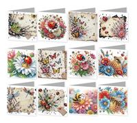12PCS 5D DIY Diamond Art Cards with Envelopes and Tools, Crystal Flower Theme Painting Greeting Card Set Painting Daily Wishing Cards for Birthdays Thanksgiving & Special Occasion