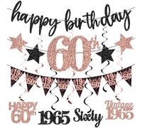 12PCS 60th Birthday Decorations for Women, Rose Gold Vintage 1965 Happy 60th Birthday Banner Triangle Flag Banner Glitter Hanging Swirls Party Supplies, Cheers to 60 Years Old Bday Decor