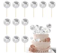 12Pcs 70s Disco Theme Cake Decoration Mini Disco Balls Cake Toppers Disco Ball Cupcake Toppers for Disco Theme Party Supplies (Silver)