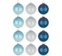 12Pcs/80mm Glass Baubles Christmas Tree Balls Spheres Hanging Ornaments Set Assorted Designs Xmas Tree Decorations, Blue,white