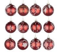 Christmas Glass Baubles 12pcs Set - 8cm Red Ornaments with 12 Unique Festive Designs Shatchi Red One Size