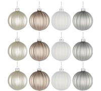Christmas Glass Baubles 12pcs Set - 8cm Pearl Champagne, White & Silver with 4 Elegant Designs Shatchi White One Size