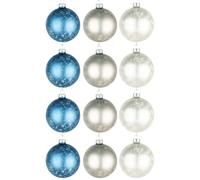 Christmas Marble Glass Baubles 12pcs Set - 8cm with 3 Unique Assorted Designs Shatchi Blue One Size