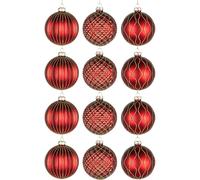 Christmas 8cm Red Glass Baubles Set - 12pcs Ornaments with 3 Assorted Designs for Tree Decorations Shatchi Red One Size