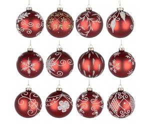 12Pcs/80mm Glass Baubles Christmas Tree Balls Spheres Hanging Ornaments Set Assorted Designs Xmas Tree Decorations, Red Designed