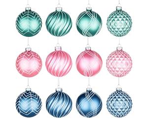 12Pcs/80mm Glass Baubles Christmas Tree Balls Spheres Hanging Ornaments Set Assorted Designs Xmas Tree Decorations