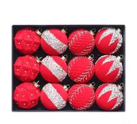 12Pcs 8Cm Flocked Christmas Ball Ornaments, Colourful Glitter Baubles Plastic Tree Decorations, For Holiday Party And Seasonal Home Display(Red)