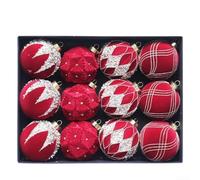 12Pcs 8Cm Flocked Christmas Ball Ornaments, Colourful Glitter Baubles Plastic Tree Decorations, For Holiday Party And Seasonal Home Display(Wine Red)