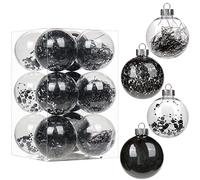 12pcs 8cm Large Christmas Baubles Big Shatterproof Clear Plastic Ball with Delicate Ornaments Black Xmas Balls Set Christmas Tree Hanging Decorations for DIY Halloween Party Wedding Decor