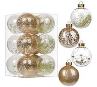 12pcs 8cm Large Christmas Baubles Big Shatterproof Clear Plastic Ball with Delicate Ornaments Champagne Gold Xmas Balls Set Christmas Tree Hanging Decorations for DIY Halloween Party Wedding Decor
