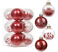 12pcs 8cm Large Christmas Baubles Big Shatterproof Clear Plastic Ball with Delicate Ornaments Red Xmas Balls Set Christmas Tree Hanging Decorations for DIY Halloween Party Wedding Decor