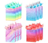 12Pcs 9'' Gift Bags Medium Size Gift Bags with Tissue paper Rainbow Glitter Paper Bags with Handles for Shopping Birthday Wedding Baby Shower Christmas Party