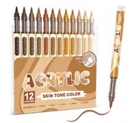 12PCS Acrylic Paint Pens, Brownish-Skin Tone Acrylic Markers for Painting | Soft Brush Felt Tip Marker Pens for Adults, Premium Water-Based Art Pens for Rock Glass Mug Wood Metal and DIY Craft Painting