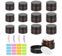 12pcs Amber Glass Cosmetic Jars Set 20ml 30ml with Lids, Spoon, Labels | Refillable Round Containers for Creams, Lotions or Powder Samples; Tinted Design Helps Shield Contents from Light