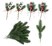 12Pcs Artificial Pine Branches with Green Leaves and Berries - Plastic Pine Leaves for Home, Garden, Xmas Decor, DIY Craft Wreath