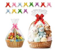 12PCS Assorted Size Christmas Cellophane Bags With Pull Bows Set, 4 Pcs 39.3X29.5inch Extra and 8 Pack 27.5X19.6inch Large Clear Cellophane Wrap for hampers Present,Easter Xmas Gift Basket Making