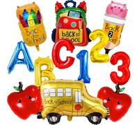 12Pcs Back to School Balloons - 28 inch Welcome School Bus Balloon for First Day of School Decorations - Pencil Apples Crayon Foil Mylar Balloons for Welcome Back to School Party Decorations