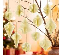 12Pcs Beige Paper Christmas Party Decorations, 3D Honeycomb Paper Hanging Ornaments with Glitter, Boho Finial Honeycomb Lantern Neutral Ornaments for Christmas Trees Winter Wonderland Party