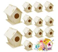12Pcs Bird House, DIY Unpainted Wooden Bird Houses with Round Hole & Hanging Hook, Exquisite Small Buildings for Garden or Outdoor Space Decor..