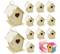 12Pcs Bird House Kit, DIY Unpainted Wooden Bird Houses Heart & Fence Birdhouse with Hanging Hook 4x4.3x5.5" Small Bird Houses for Adults Kids to Build