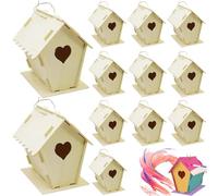 12Pcs Bird House Kit, DIY Unpainted Wooden Bird Houses Heart & Fence Birdhouse with Hanging Hook 4x4.3x5.5" Small Houses for Adults Kids to Build, Wooden