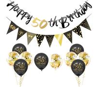 12Pcs Black Gold Happy 50th Birthday Decorations Set for Him - Man's Balloons, Number 50 Banner, Triangle Flag for Men Boys Party Supplies