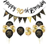 12Pcs Black Gold Happy 90th Birthday Decorations Set for Him,Man 90th Birthday Balloons Black Gold Birthday Number 90 Banner Triangle Flag Banner for Men Boys Birthday Party Decorations Supplies