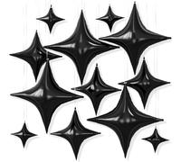 12PCS Black Star Balloons, 26/18/10 Inch Black Four Point Star Foil Balloon