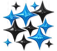 12PCS Blue Black Star Balloons, 26/18/10 Inch Four Point Star Foil Balloons | Metallic Black and Blue Four Point Foil Stars for Birthday Baby Shower Graduation Wedding Engagement Anniversary Party Decor