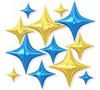 12PCS Blue Gold Star Balloons, 26/18/10 Inch Four Point Star Foil Balloons | Metallic Blue Gold Four Point Foil Stars for Birthday Baby Shower Graduation Wedding Engagement Anniversary Party Decorations