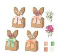 12Pcs Boho Bow Goodie Bags for Egg Hunts, Paper Easter Bunny Goodie Bag with Ribbon,Rabbit Kraft Gift Bags for Party Favours, Sweets, Biscuits & Prizes, Spring Birthday Supplies (Ribbon&Flower)