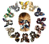 12pcs Bowknot Cloth Hair Tie with Pearl Detail for Women | Floral Print, Long Ribbon Tails, Bunny Ear Style, Simple Chic Look, Keeps Strands in Place Random Color