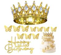 12Pcs Cake Decorations, Crown Cake Topper, Gold Crown for Birthday, Princess Party Accessory with Golden Finish, Including 1 Large gold and white crown, 1 Happy Birthday decoration and 10 golden butte
