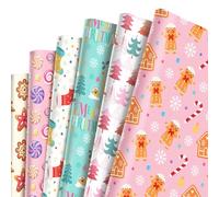 12Pcs Candyland Christmas Wrapping Paper Sheets, 68x50cm Pink Blue Candy Gingerbread House Xmas Gift Wrapping Paper,Recyclable Christmas Wrapper for Winter Party,Birthday,Festive,Xmas Gift Boxes Décor