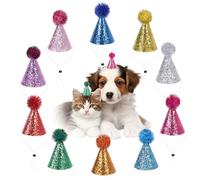 12pcs Cat Birthday Hats, Mini Glitter Party Hat for Toy, Cone Dog Party Hat with Pom-Poms Adjustable Band Pet Hats for Puppies Kittens Rabbits Animals