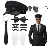 12PCS Chauffeur Costume Driver Accessories, 1980s Novelty Limo Taxi Fancy Dress Set with Black Necktie Hat Sunglasses Fake Mustache Gloves for Men Women Adults Cosplay Gangster Biker Uniform Party