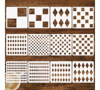 12Pcs Checks Diamond Stencils, Harlequin Checkerboard Stencils Assorted Sizes Square Diamond Shape Templates Reusable Diamond Checks Stencil for Painting on Wood Wall DIY Craft (12pcs Check/Diamond)