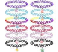 12PCS Choker Necklace Set for Kids Teens Girls Women, Ocean Collection Pendant Charm Flower, Butterflie, Star, Pearl, Mermaid Chokers Henna Tattoo Stretch Elastic Pink Blue Red Yellow Purple Black
