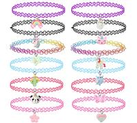 12PCS Choker Necklace Set for Kids Teens Girls Women, Pendant Charm Unicorn Rainbow Cat Heart Flower Chokers Henna Tattoo Stretch Elastic Black Pink Green Blue Red