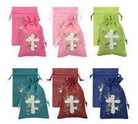 12Pcs Christian Cross Drawstring Bags Baptism Gift Bags 4x6 Inch Jesus Cross Floral Fabric Small Goody Religious Bags Jewelry Pouches for First Communion Wedding Christmas Easter Church Party Favors