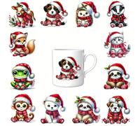 12pcs Christmas Animal Hat UV DTF Cup Wraps Transfer Waterproof Sticker for Glass Cups Furniture Craft DIY Crafts，Rub on Transfer Stickers for DIY Water Bottle Laptop Decal Wood Car